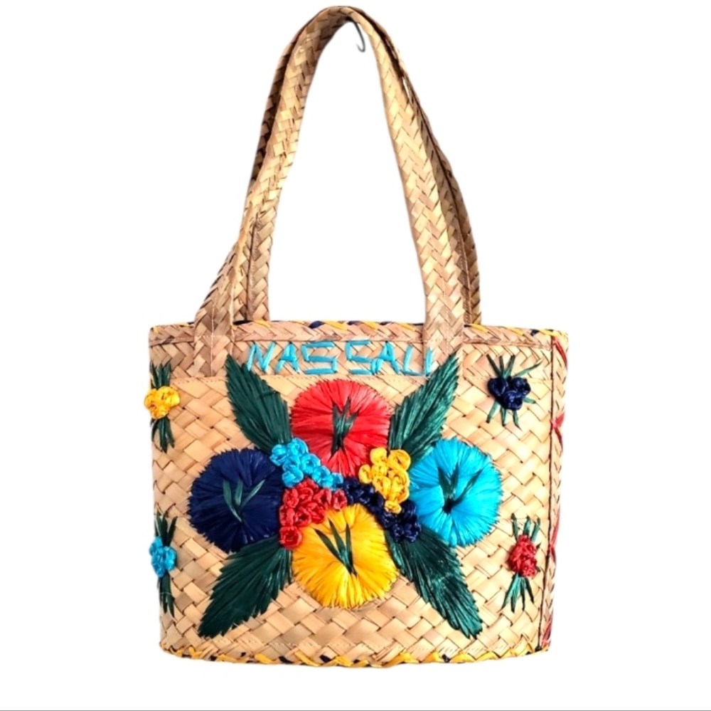 Vintage Straw Handwoven Embroidered Flowers Straw Bucket  Bag